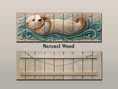 Sea Otter Print on Wood – Coastal Rustic Decor | Beige Blue Wall Art