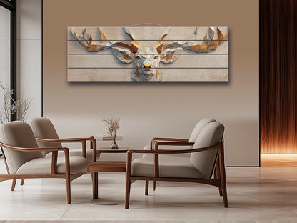 Deer Print Wood - Geometric Antlers Art | Rustic Wildlife Wall Art With Gold Accent