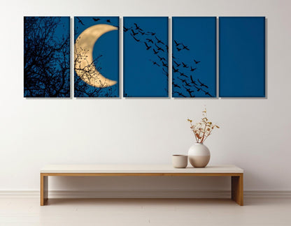Abstract Night Sky Canvas – Framed Cotton Print with Crescent Moon Art & Birds