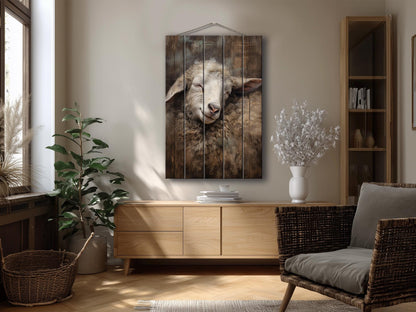 Sheep Sleeping Print on Natural Wood – Religious Wall Art