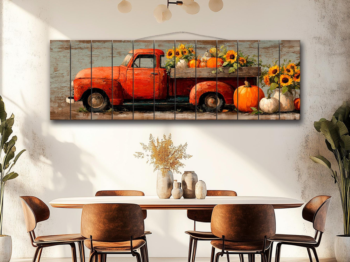 Rustic Wood Wall Art - Vintage Pickup Truck Print on Wood Plank with Pumpkins & Sunflowers