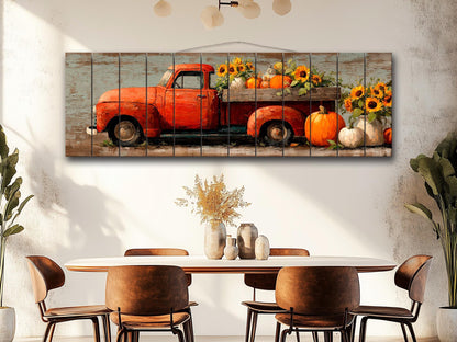 Rustic Wood Wall Art - Vintage Pickup Truck Print on Wood Plank with Pumpkins & Sunflowers