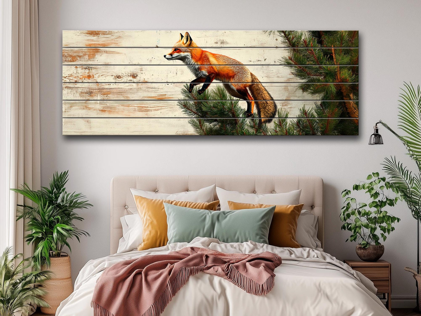 Fox Wall Art – Rustic Wood Wall Art Featuring Fox on Pine Tree Print