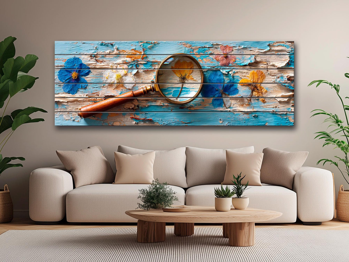 Pressed Flowers Wood Print – Rustic Nature Art on Blue Peeling Paint Wood Planks