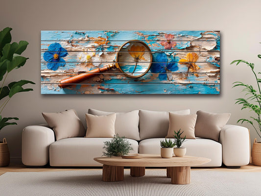 Pressed Flowers Wood Print – Rustic Nature Art on Blue Peeling Paint Wood Planks