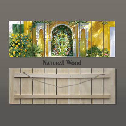 Moroccan Mosaic Door wood Print, Colorful Islamic Architecture Wall Art, Garden Entrance Painting