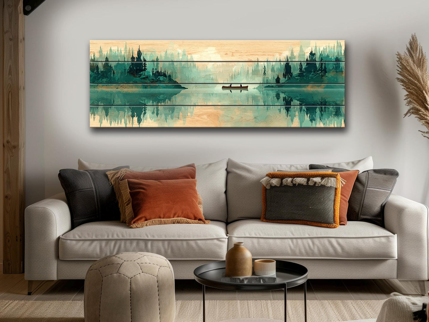 Canoe Waterfall Wall Art – Misty Forest Landscape Print on Wood with Rustic Cabin Decor
