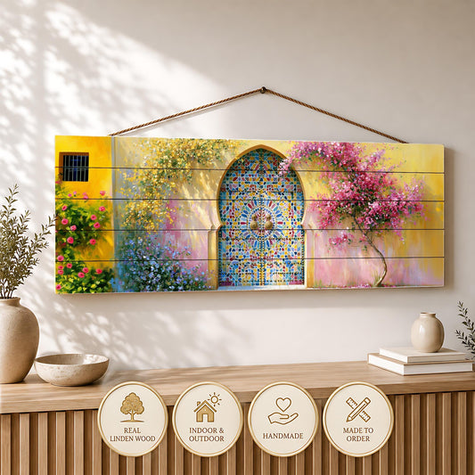 a wooden shelf with a framed artwork hanging on the wall above it. The artwork depicts a colorful stained glass window with a floral design. The shelf also has decorative items such as a vase and a book.
