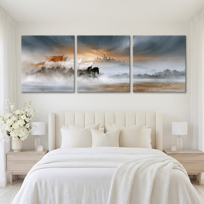 a serene bedroom setting with a large bed, white bedding, and a painting of a landscape above it. The painting depicts a peaceful scene with a castle in the distance and a misty, hazy atmosphere.