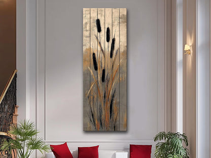 Cattails Abstract Art Print on Wood, Neutral Textured Nature Painting, Rustic Wall Decor