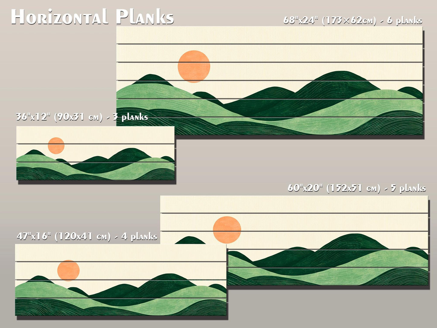 Minimalist Landscape Print on Wood, Boho Hills and Sun Wall Art