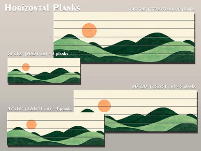 Minimalist Landscape Print on Wood, Boho Hills and Sun Wall Art