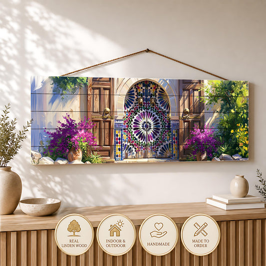 Moroccan Wooden Door Canvas Print, Mosaic Entryway Wall Art, Colorful Garden Painting, Moroccan Home Decor