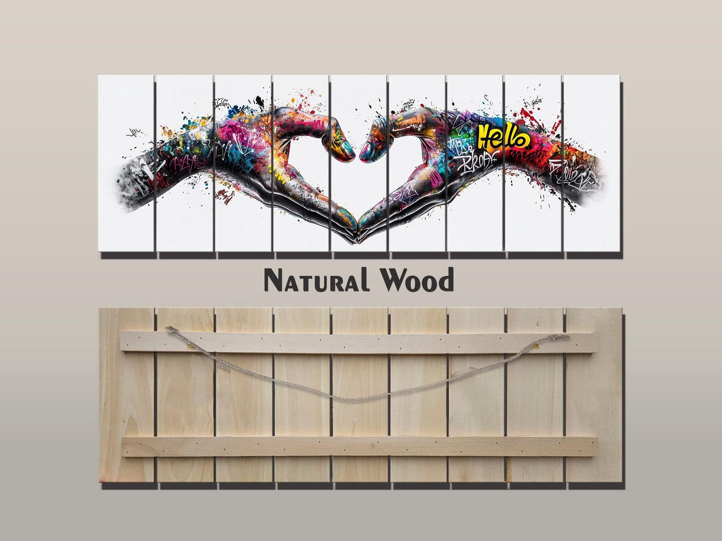 Heart Graffiti Style Painting Printed On  Natural Wood – Peace And Love Wall Art