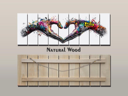Heart Graffiti Style Painting Printed On  Natural Wood – Peace And Love Wall Art