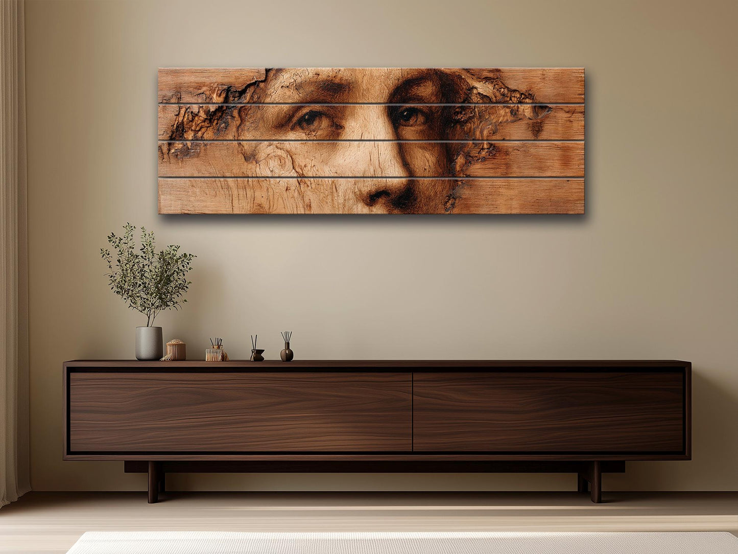 Burned Face Wood Print – Rustic Wood Art | Textured Wall Decor, Abstract Portrait