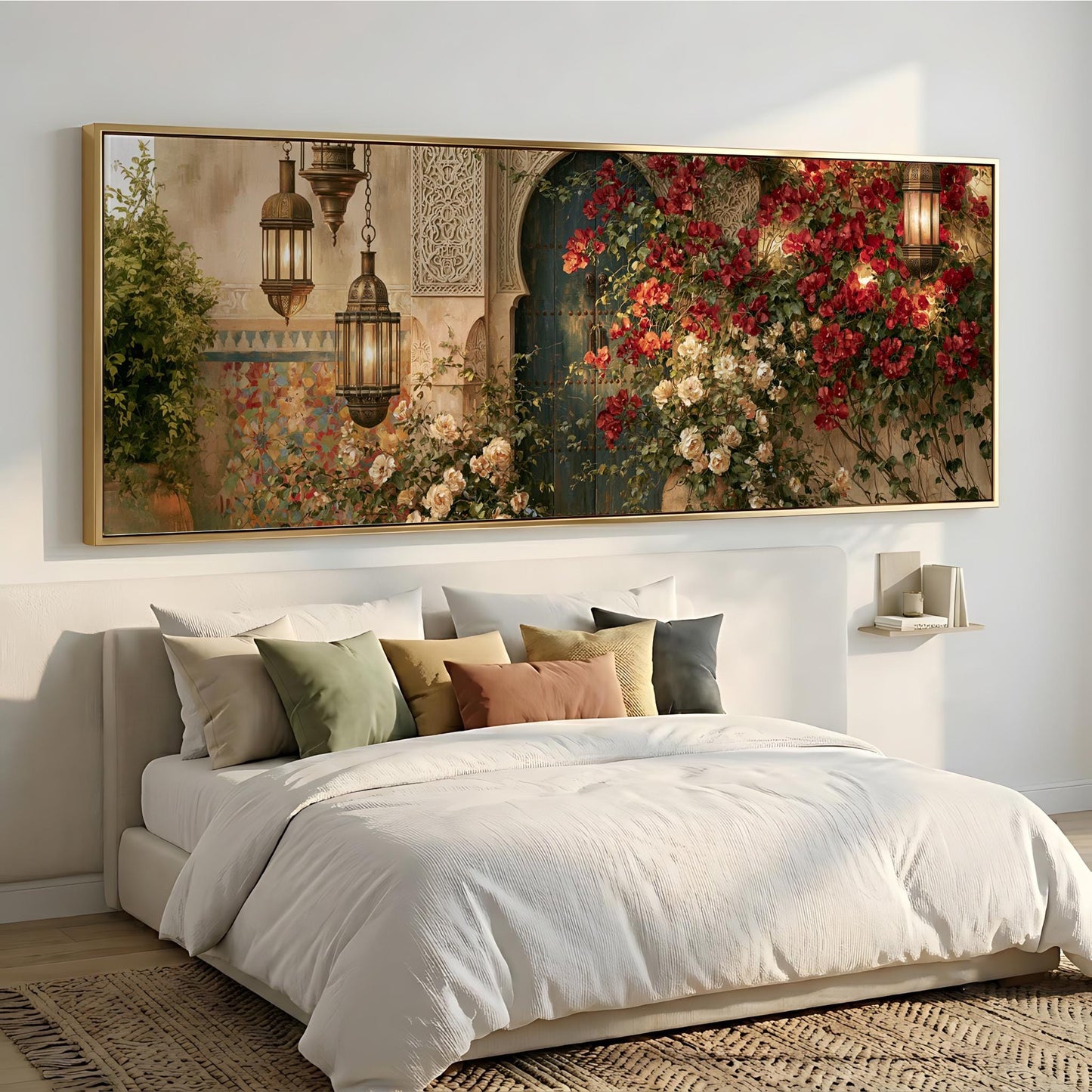 a large, ornate painting of a garden scene with red flowers and a green archway, hanging above a bed with white linens and pillows.