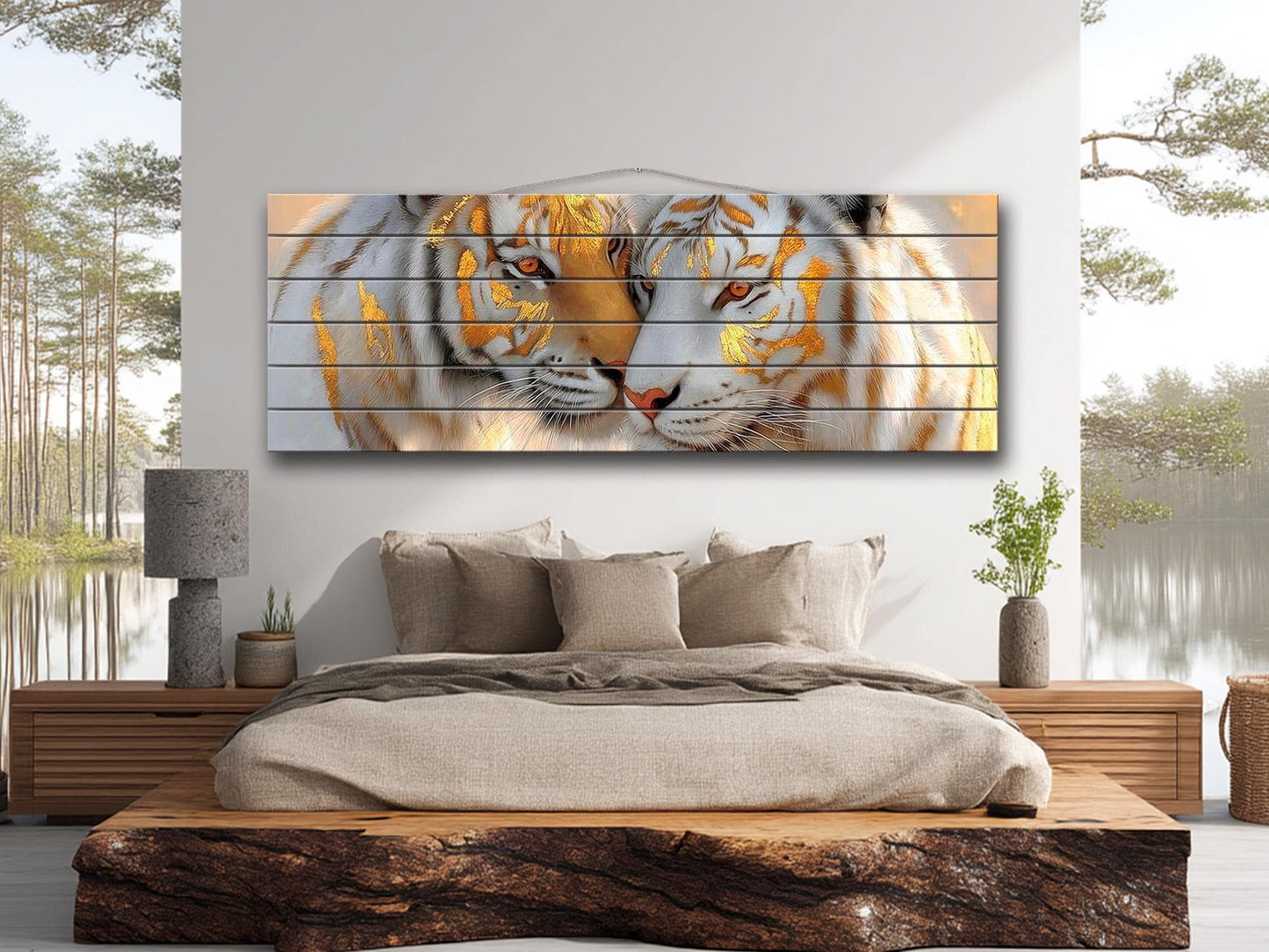 Majestic Tigers Print on Wood, Romantic Wildlife Painting, Exotic Wall Decor
