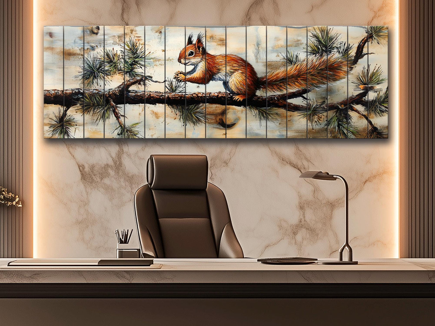Rustic Wood Wall Art – Squirrel on Pine Branch | Natural Wood Print Decor