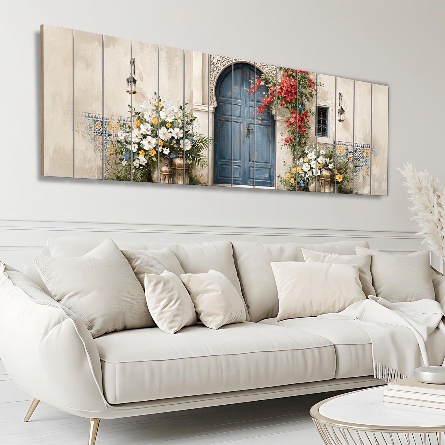 Moroccan Blue Door Canvas Print, Mediterranean Entryway Wall Art, Floral Courtyard Painting, Moroccan Decor