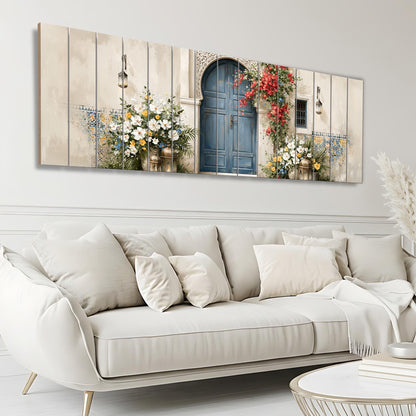 Moroccan Blue Door Canvas Print, Mediterranean Entryway Wall Art, Floral Courtyard Painting, Moroccan Decor