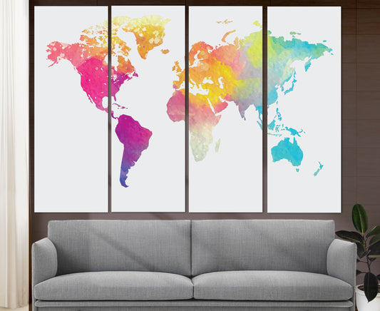 Watercolor World Map Large Canvas Print – Abstract Wall Art, Modern Office Decor