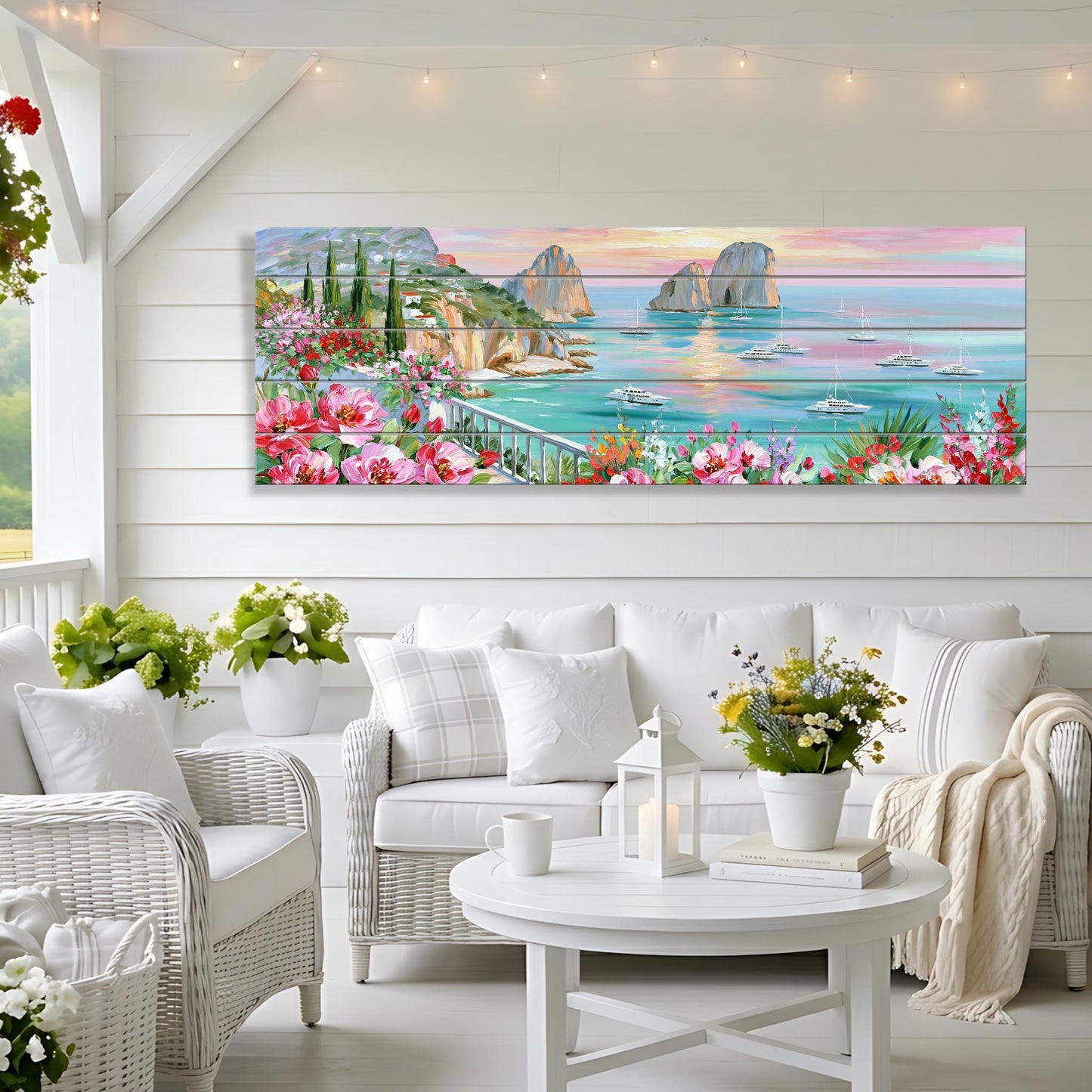 a serene and picturesque seaside scene, with a large painting of the ocean and cliffs hanging on the wall above a white sofa and wicker chairs. The painting features a vibrant palette of colors, including shades of blue, pink, and green, which create a calming and inviting atmosphere. The arrangement of the furniture and the potted plants in the room further enhances the overall aesthetic and suggests a cozy and relaxing outdoor living space.