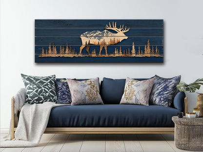 Elk Silhouette Wall Art - Rustic Wildlife Decor With Mountain Forest Print