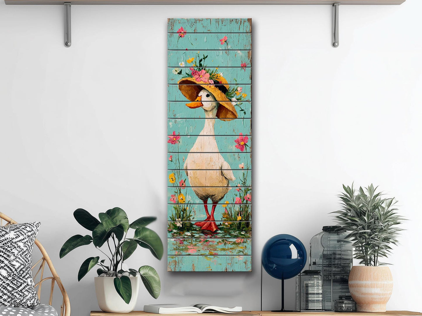 Rustic Wood Wall Art – Country Duck in Hat Printed on Wood – Rustic Spring Wall Art – Farmhouse Animal Decor