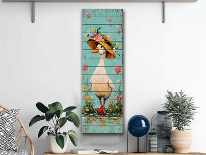 Rustic Wood Wall Art – Country Duck in Hat Printed on Wood – Rustic Spring Wall Art – Farmhouse Animal Decor