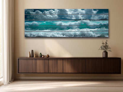Ocean Wall Decor - Soft Blue Ocean Waves Printed On Natural Wood Art Planks