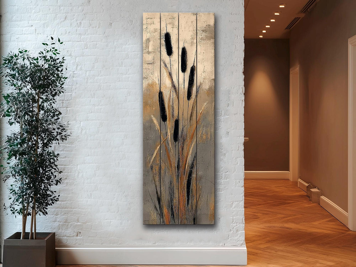 Cattails Abstract Art Print on Wood, Neutral Textured Nature Painting, Rustic Wall Decor