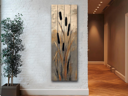 Cattails Abstract Art Print on Wood, Neutral Textured Nature Painting, Rustic Wall Decor