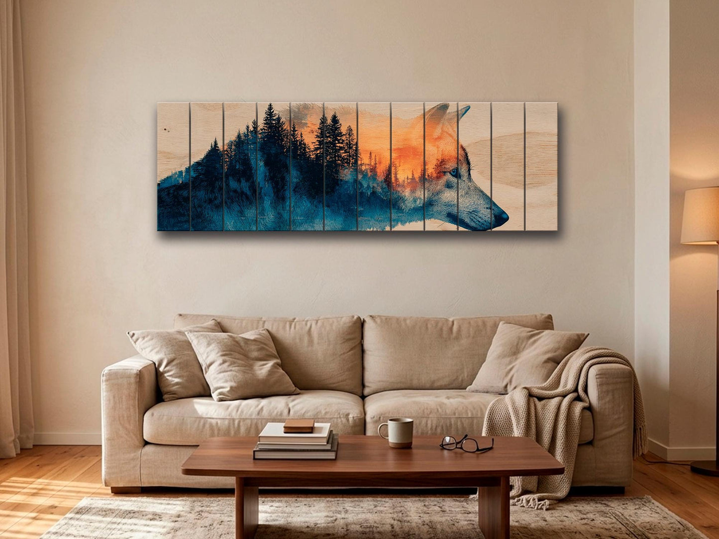 Wolf Silhouette with Forest Print on Wood, Rustic Wildlife Wall