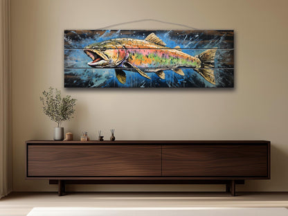 Rainbow Trout Wall Art - Rustic Wood Plank Painting | Fishing Lodge Decor