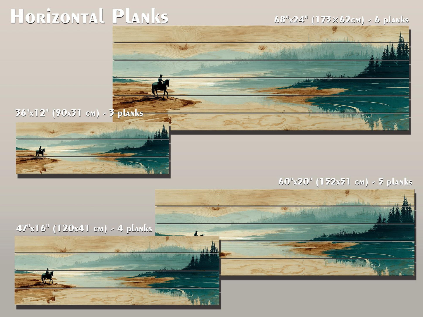 Horse River Wall Art – Rustic Cabin Wood Plank Artwork With Calm Water Landscape