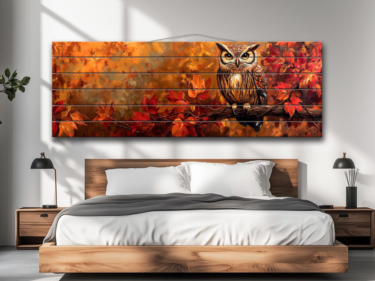 Rustic Wood Wall Art – Autumn Owl Painting on Linden Planks with Vibrant Fall Leaves