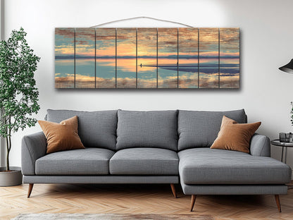 Sunrise Beach Yoga Print – Wooden Yoga Wall Art With Coastal Meditation Scene