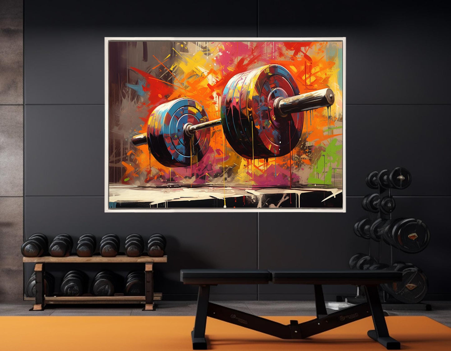 Barbell Canvas Print - Abstract Fitness Painting | Gym Wall Decor, Framed Artwork
