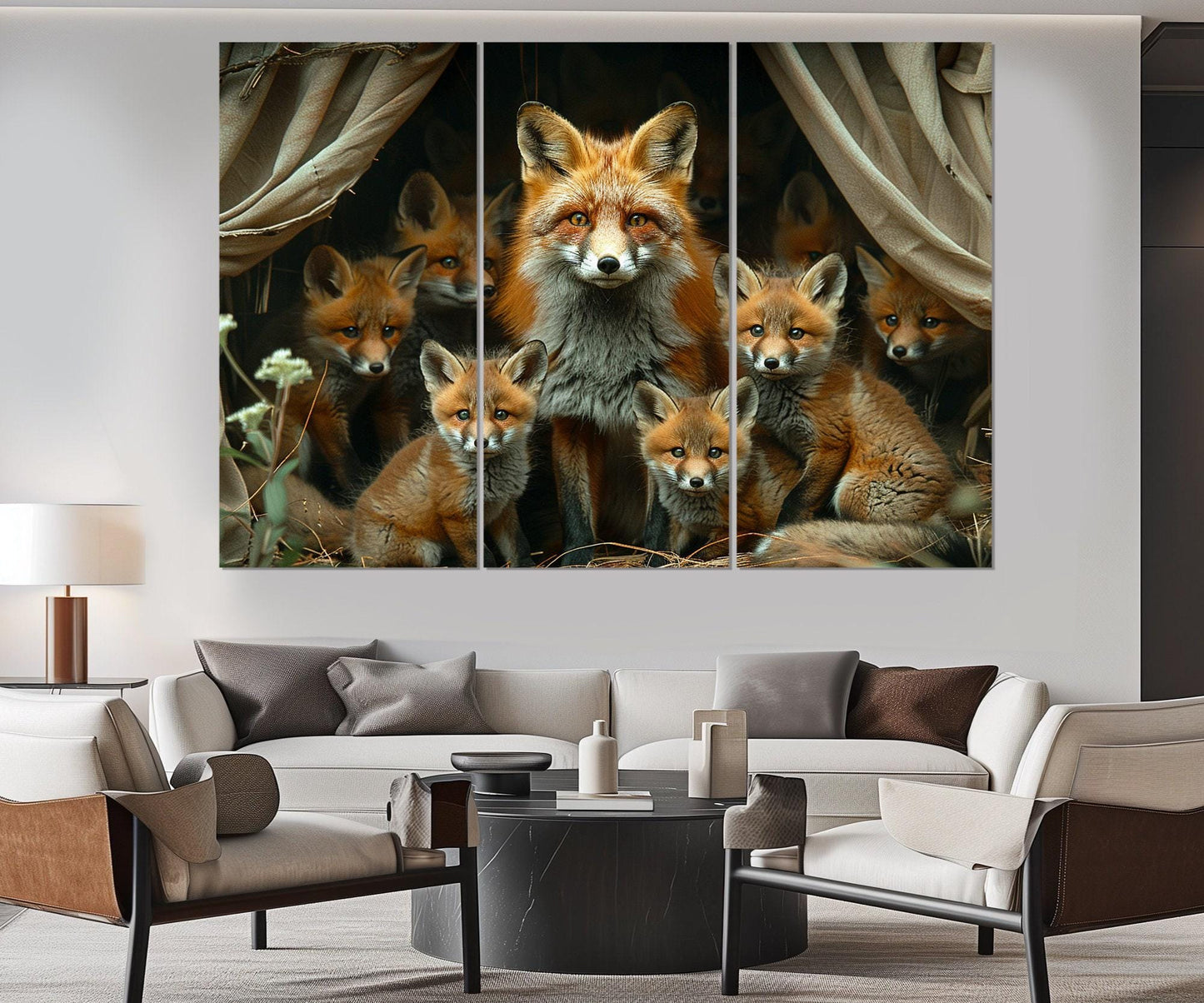 Fox Wall Art – Mother Fox Canvas Print with Cubs | Framed & Ready to Hang