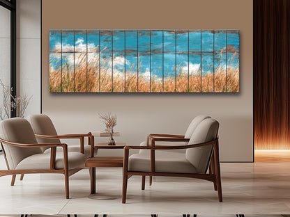 Wheat Field Print Wood – Rustic Landscape Painting | Farmhouse Wall Art Decor
