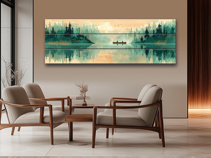 Canoe Waterfall Wall Art – Misty Forest Landscape Print on Wood with Rustic Cabin Decor