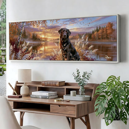 A large framed painting depicting a dog sitting in a field with trees and a sunset in the background.