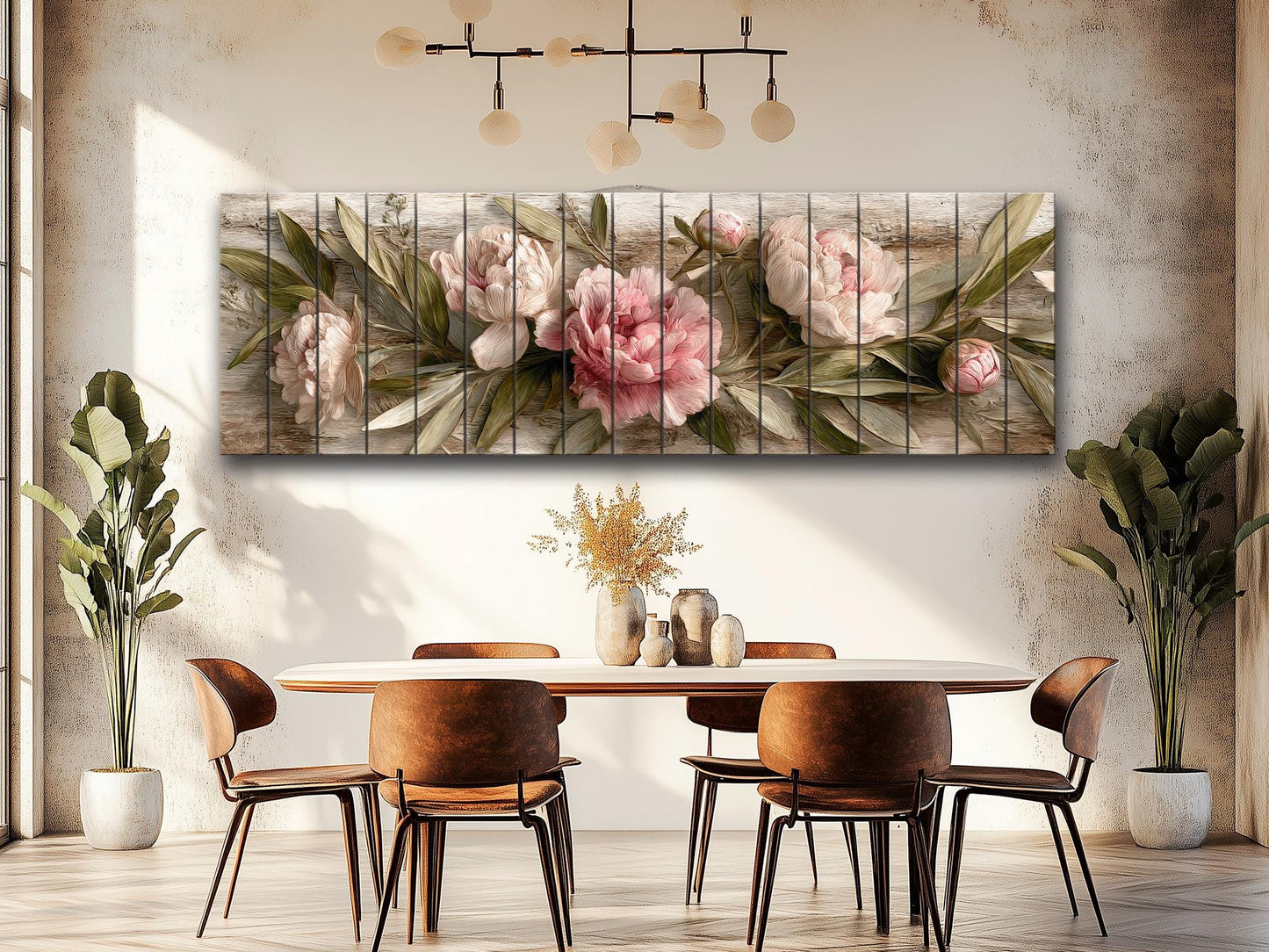 Peonies Print Wood - Beige Pink Floral Wall Art | Rustic Farmhouse Flower Print