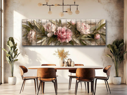 Peonies Print Wood - Beige Pink Floral Wall Art | Rustic Farmhouse Flower Print