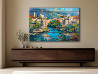 Bosnia Old Bridge Print on Wood, Rustic Mostar Bridge Painting, Bosnia and Herzegovina Wall Art, Bosnia Bridge Wood Print, Wood Wall Art