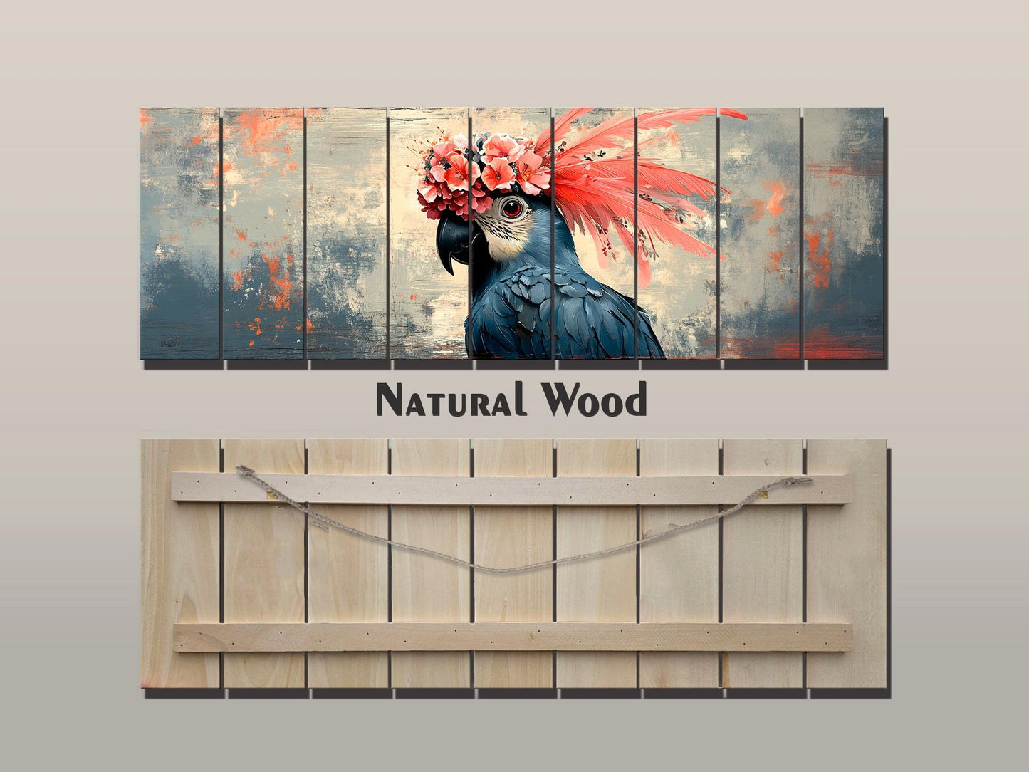 Wooden Wall Art - Abstract Parrot Painting on Natural Wood Planks | Rustic Tropical Bird Decor