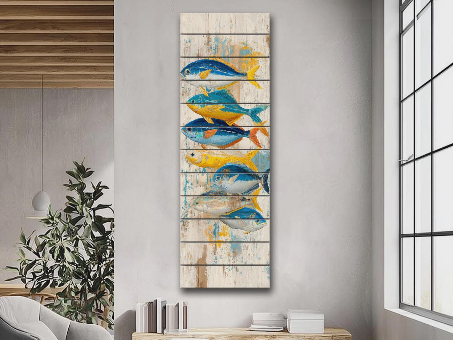 Nautical Wood Wall Art – Rustic Coastal Wall Decor With Colorful Fish Print