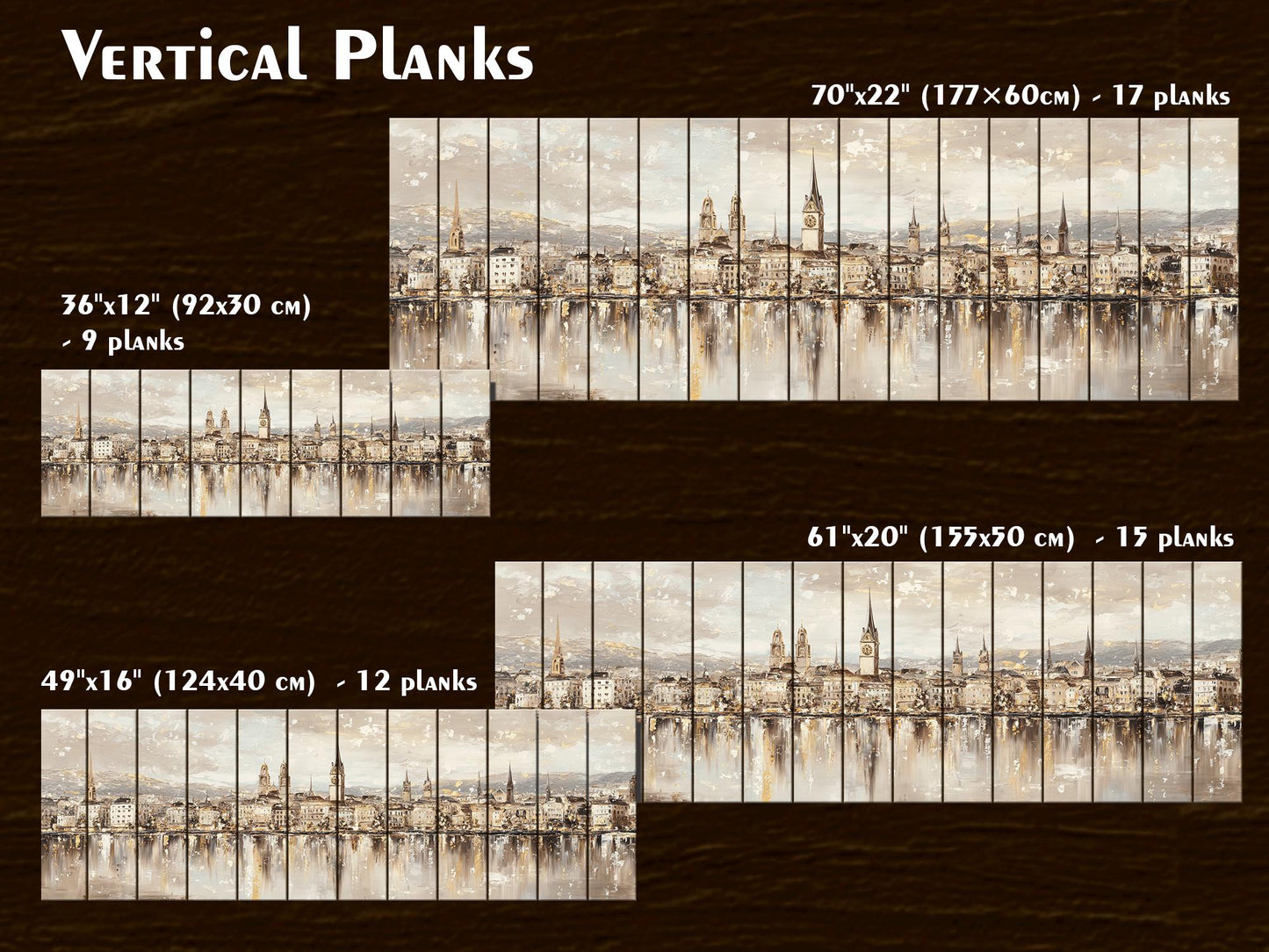 Zurich Skyline Wood Print – Rustic Wall Art with Lake Reflections Painting