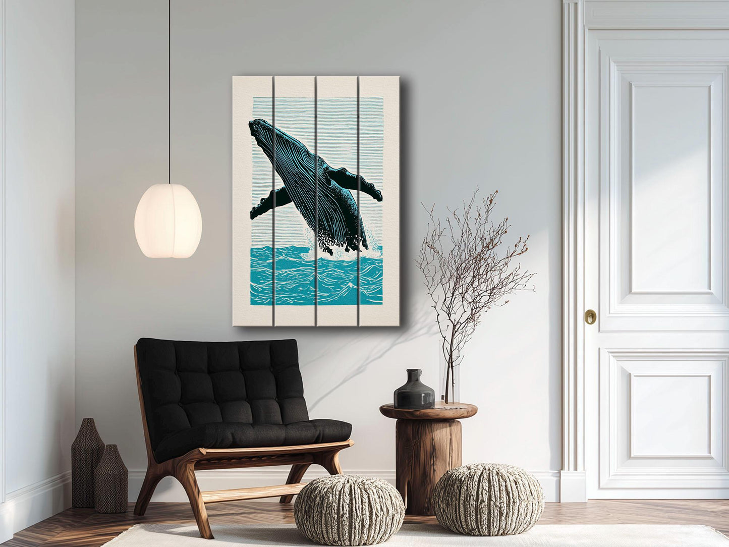 Whale Wood Wall Art – Humpback Linocut Print | Coastal Wood Decor, Ready to Hang